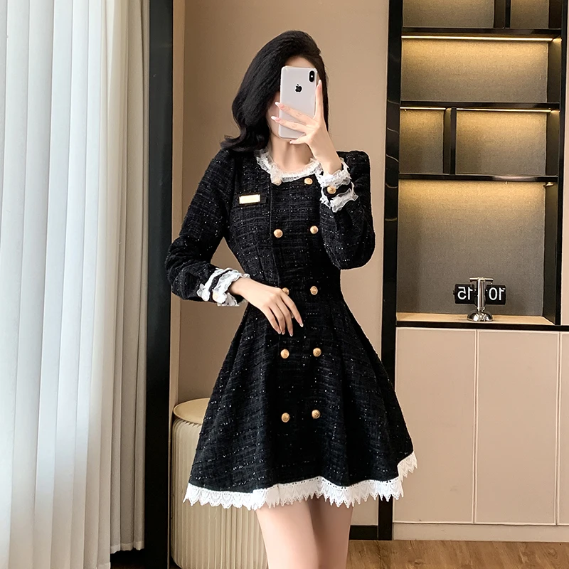 French Autumn Winter Tweed Double-Breasted Midi Dress New Elegant Women\'s O Neck Long Sleeve Ruffles Trim Elastic Waist Vestidos