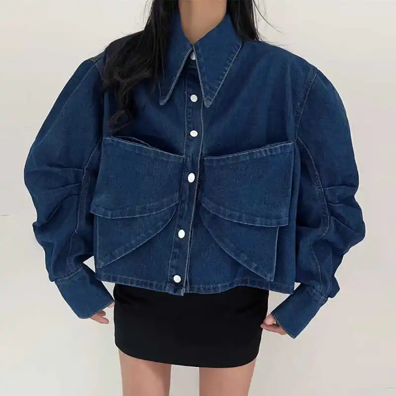 Clothland Women Chic Denim Jacket Bow Tie Long Sleeve Blue Casual Spring New Fashion Stylish Coat CB125