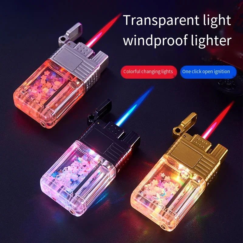 

Pink Fire Transparent Flower Lighter with LED Light Windproof Butane Gas Inflatable Lighters Blue Jet Flame Smoking Accessories