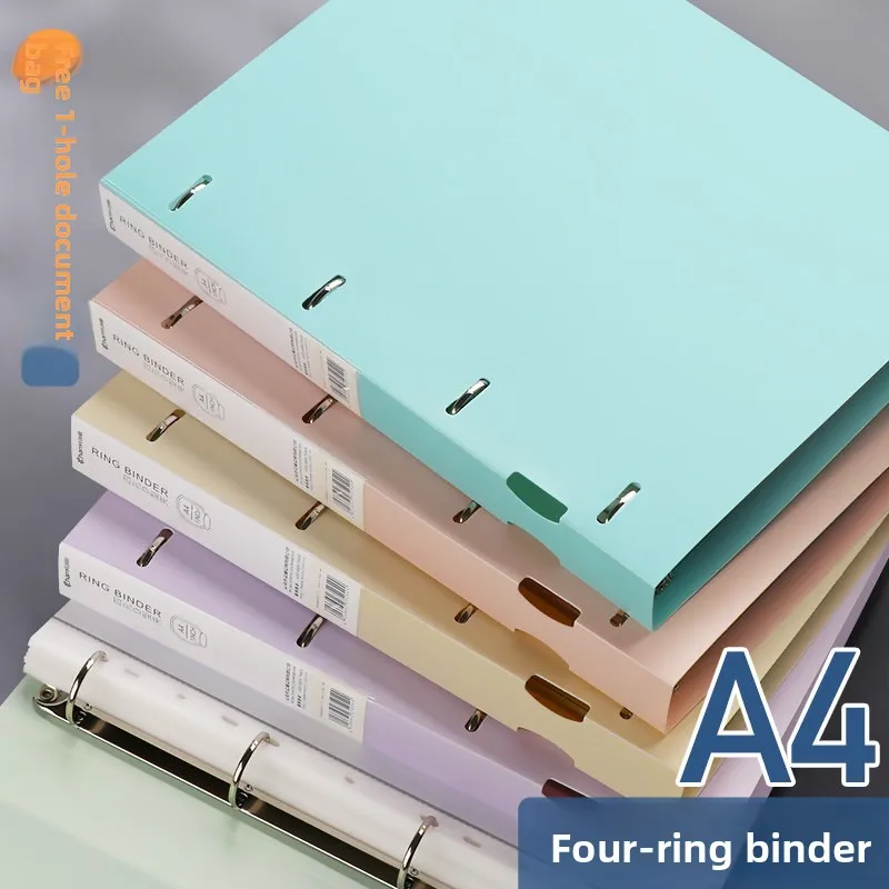 A4 Four Hole Ring Binder Set with Clear Sleeve Refill Pages, Colorful Loose Leaf File Folder Kit for Office Documents, Reports