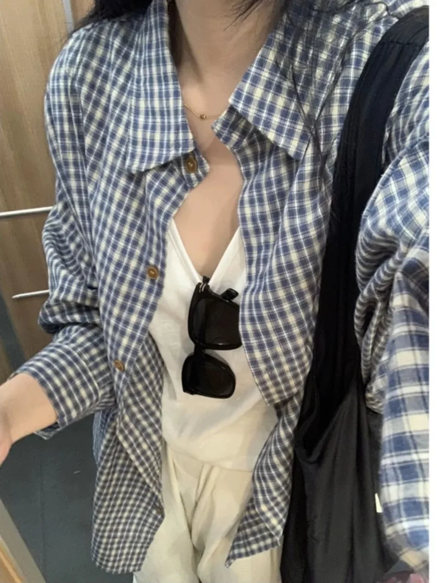 

Early Spring American Retro Blue Plaid Shirt Jacket Women's Top 2026 Spring New Style High-End Feeling Casual Loose Fit