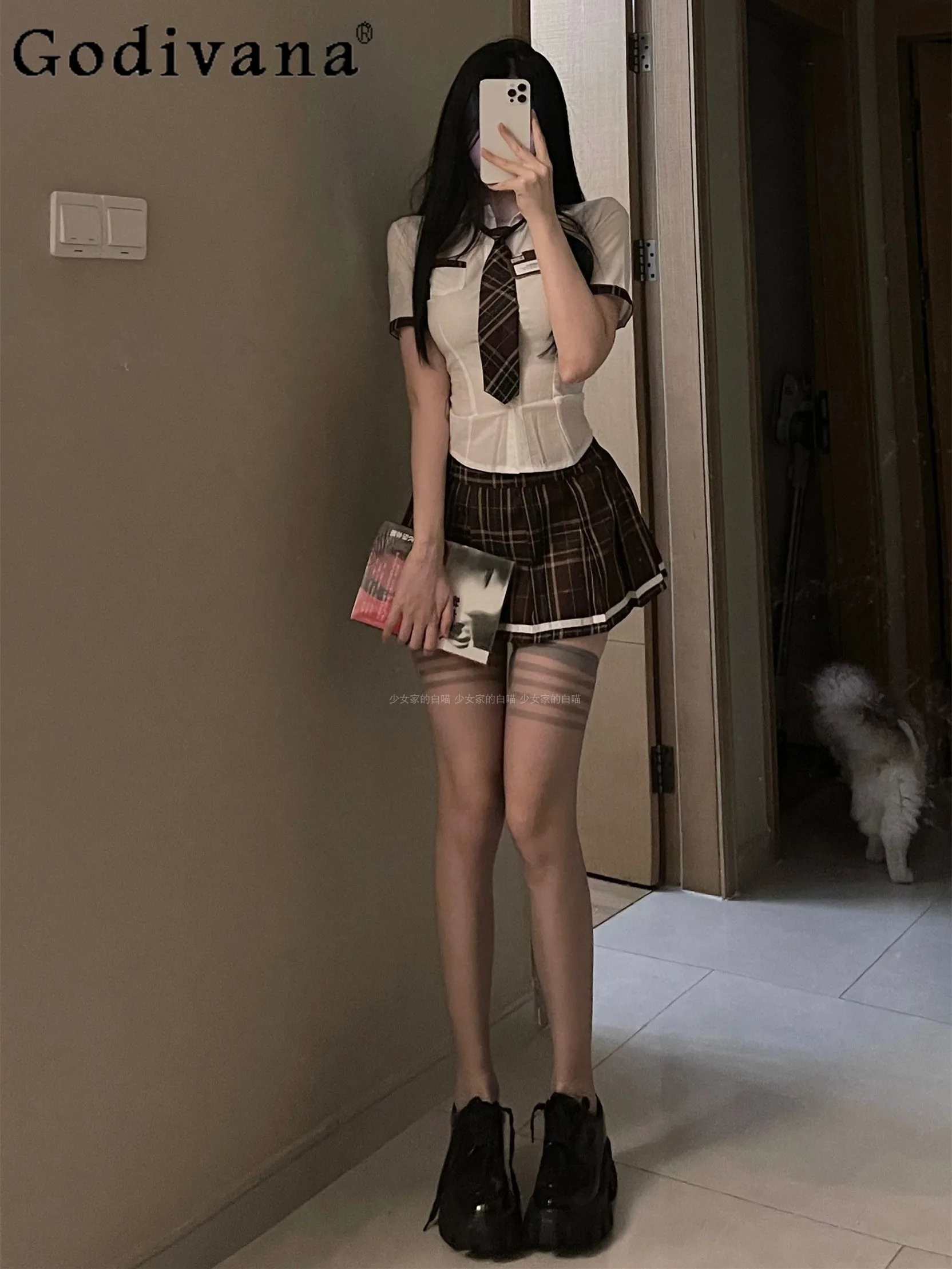 British Japanese Short-sleeved Tie Shirt Plaid Skirt High Waist Super Short Dress Set JK Student Group Uniform Female