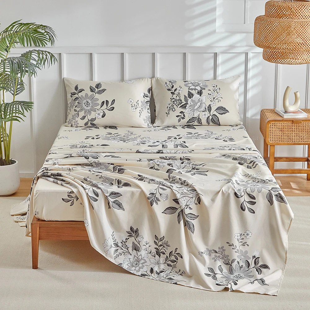 Elastic Fitted Bed Sheets Single Double Bed Floral Flat Sheets King Queen Size Home Bed Cover Mattress Protector Bed Linen 4pc