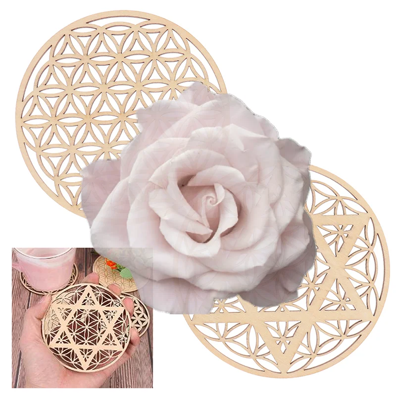 Popular 1PC Creative Chakra Pattern Coaster Wood Flower of life Natural Symbol Round