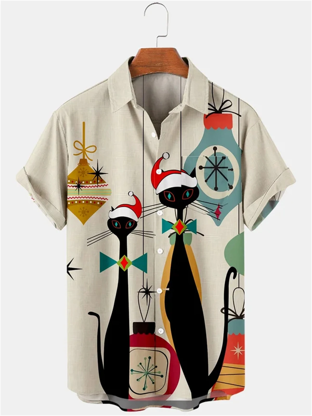 Camisa de manga corta con estampado de gato abstracto para hombre, Top Hawaiano con solapa a la moda, informal, talla grande, novedad de 2024