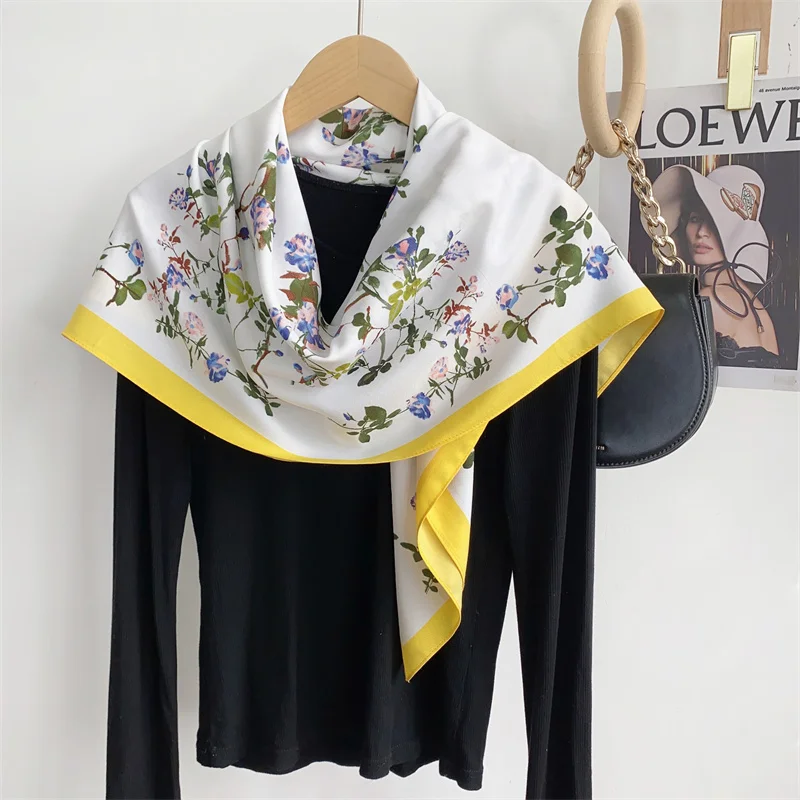 2024 Spain Fashion Million Floral Square Silk Scarf Ladies High Quality Print Soft Shawls and Wraps Bufanda Muslim Hijab 90*90Cm