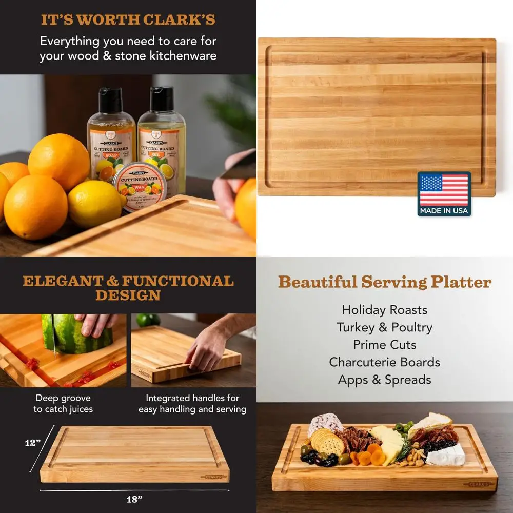 

Большая разделочная доска из кленовой твердой древесины с глубокой канавкой для сока и удобной ручкой для переноски, 18x12x1,25