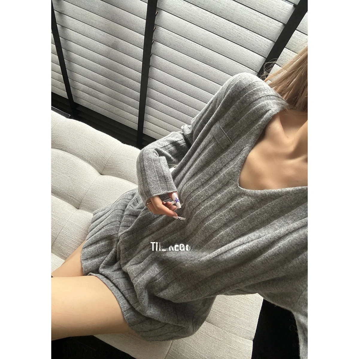 

Swgwong Camere V-ne Knitted Top ey Floral Loose Fit Casual Sle Women's Premium Quali Long Sve T for Daily Wear