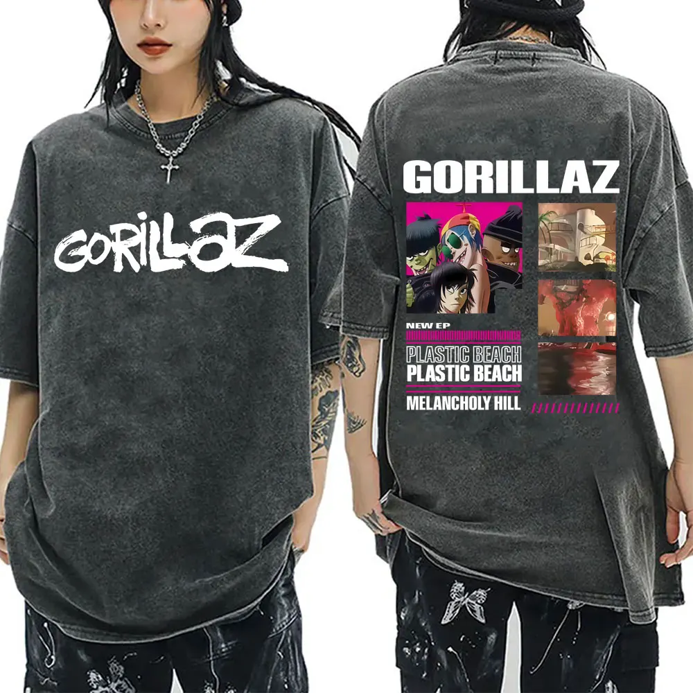 

Washed Vintage Rock Band Gorillaz The Mountain Album Tour 2026 T-shirt Men Women Retro Casual Oversized T Shirts Male Streetwear