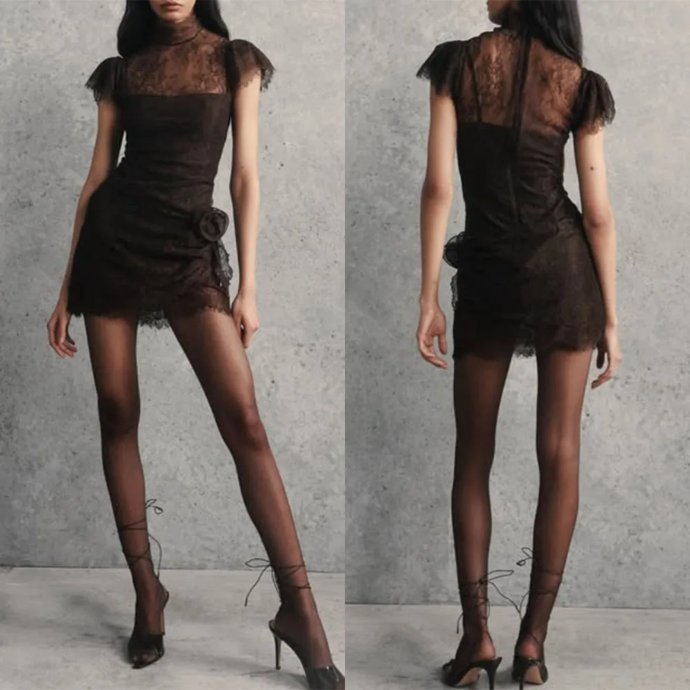 

High Quality Customized Strapless Above Knee Lace Brown Shore Sleeves Robe Pour Mariage Invité Платье Корейский Стиль Dress