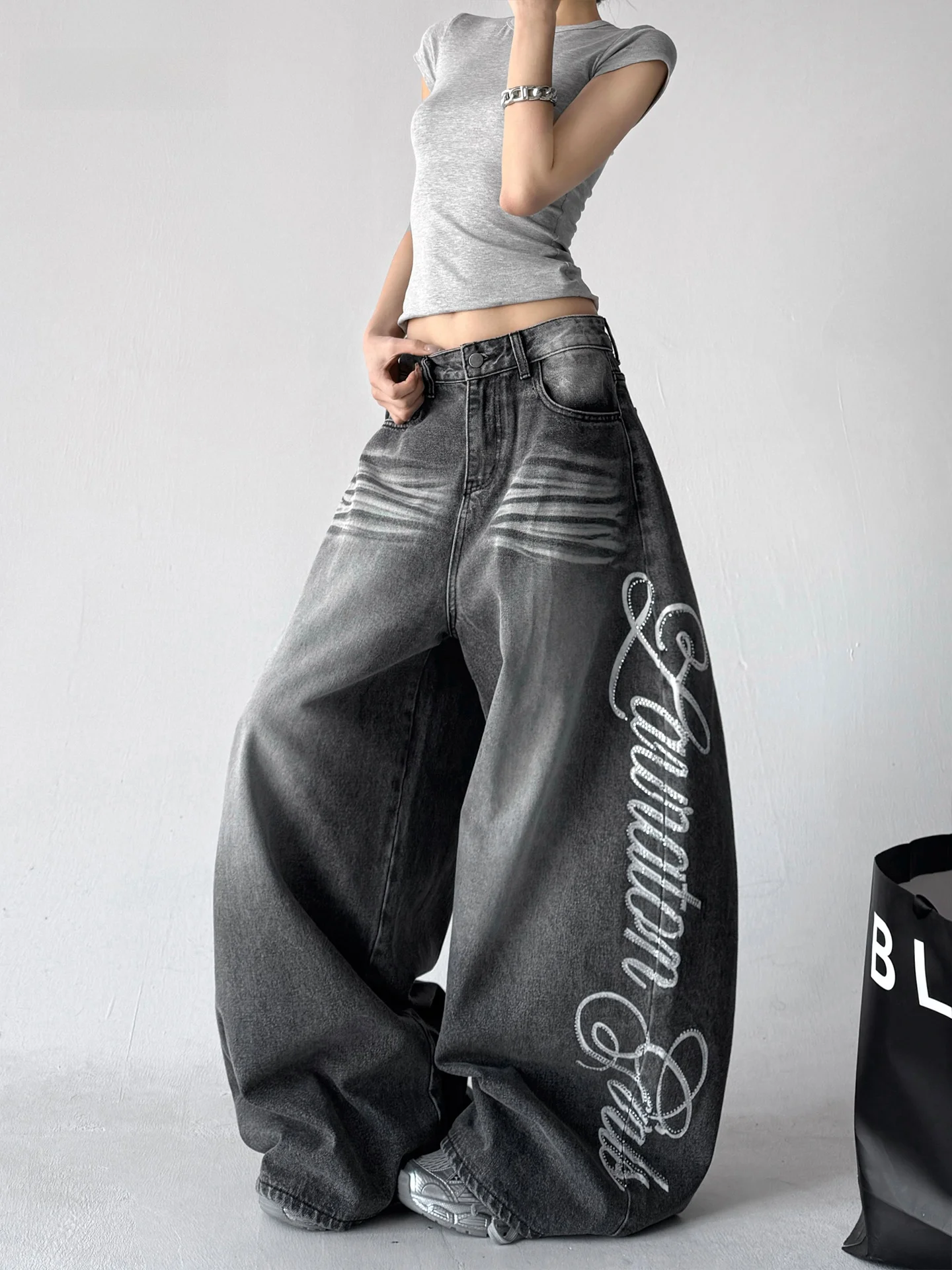 

Американские джинсы с принтом в стиле ретро, женские, весна-лето, свободные, прямые, широкие, в пол