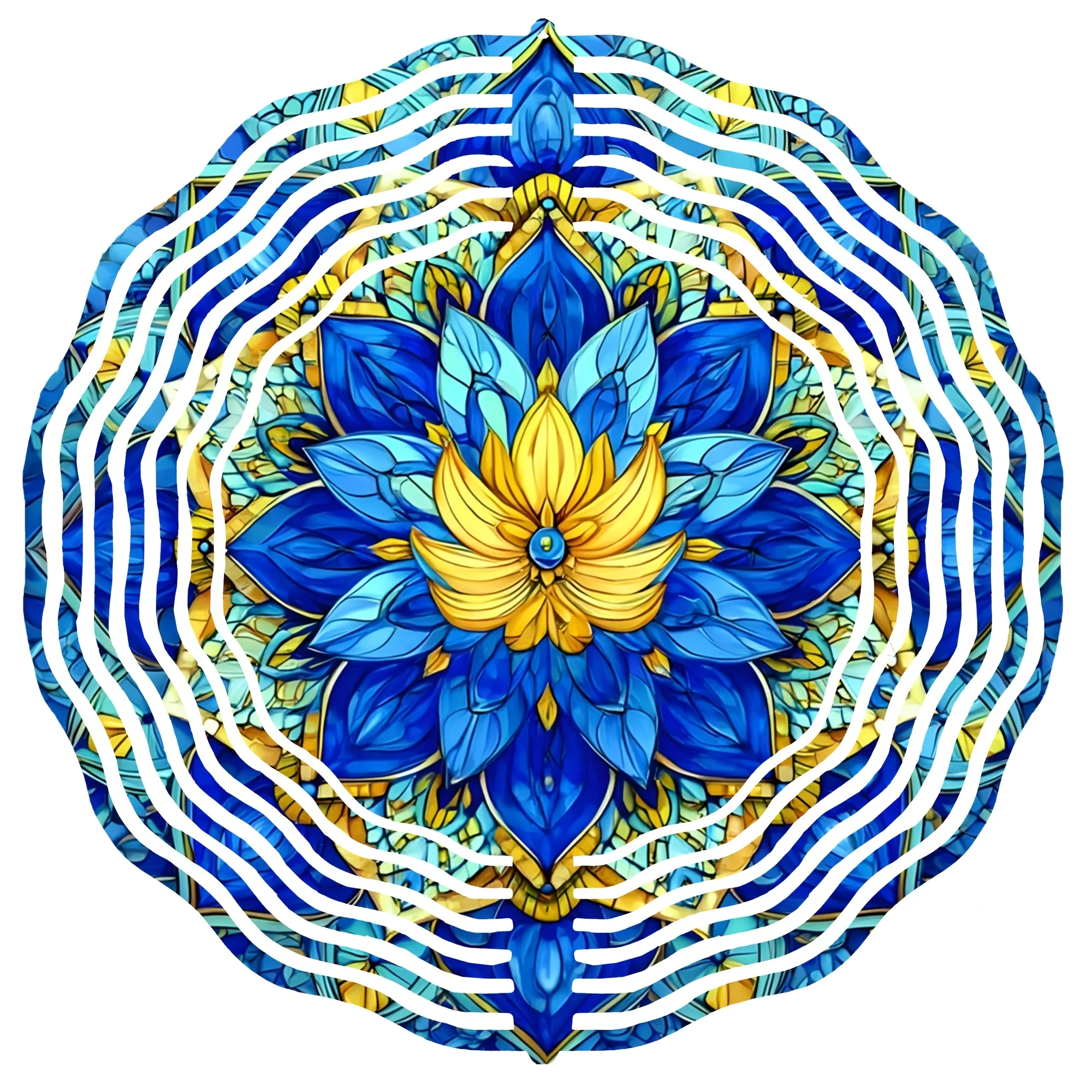 Bohemian-style Blue and Yellow Mandala Wind Chime, Featuring a Symmetrical Floral Design. Suitable for Home Decor, Gardens