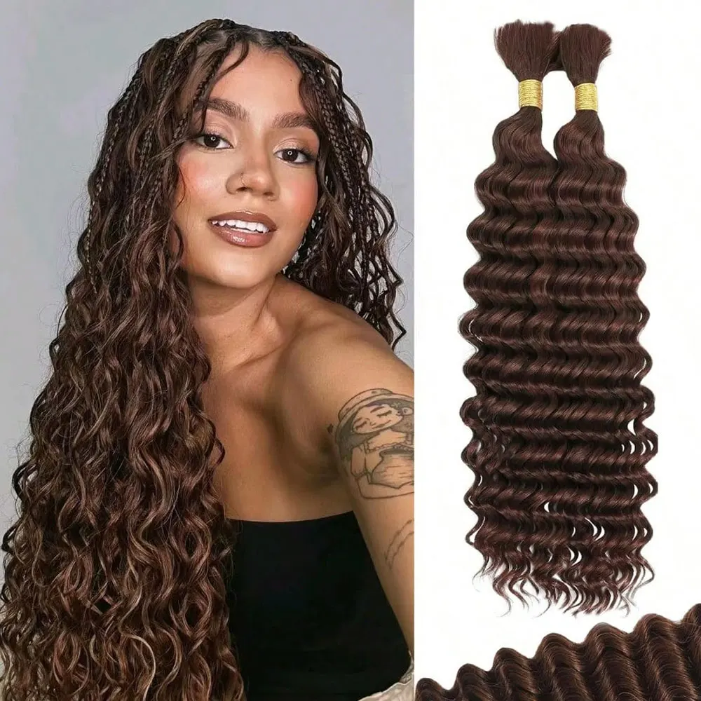 110g 28 Inch Curly Boho Hair for Braiding Knotless 12A Deep Wave Bulk Bohemian 2 Bundles/Pack Dark Brown Color 100% Human Hair