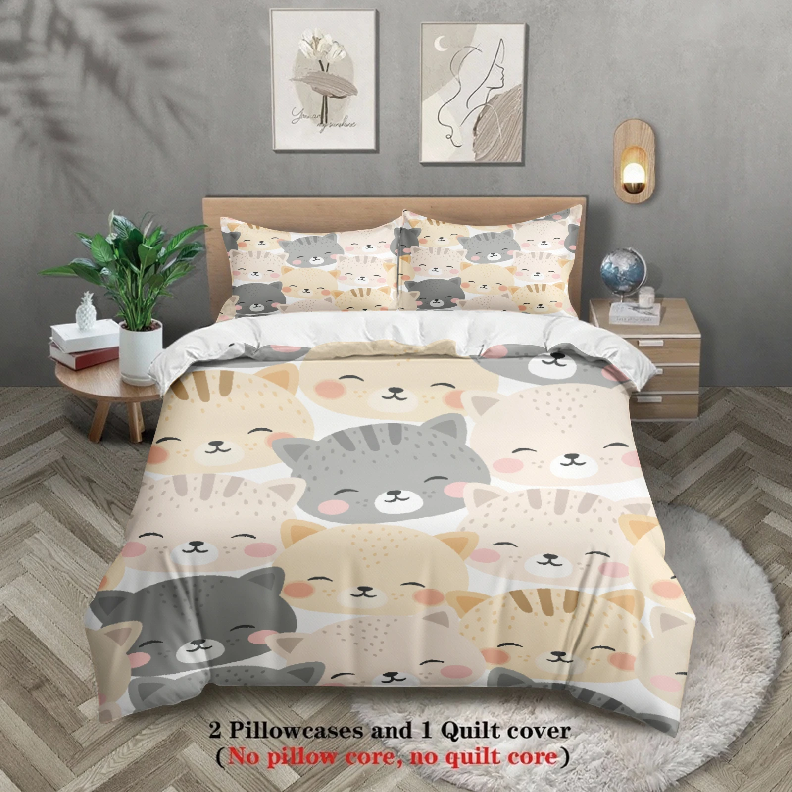 

3pcs 100% Polyester Cute Cat Face Bedding Sets 3D Printed Cartton Animal Pattern Single Twin Queen King Size Duvet Cover Sets