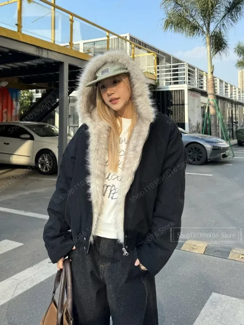 Amerikanischen Retro Pelz Kragen Mit Kapuze Jacke Frauen Y2K Streetwear Winter Neue Samt Verdickt Warme Harajuku Lose Beiläufige Jacke