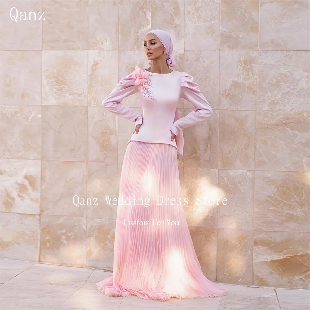

Qanz Dubai Pink Prom Dresses O Neck Long Sleeves Crystal Formal Evening Gowns Chiffon Women Long Robes De Soirée Customized