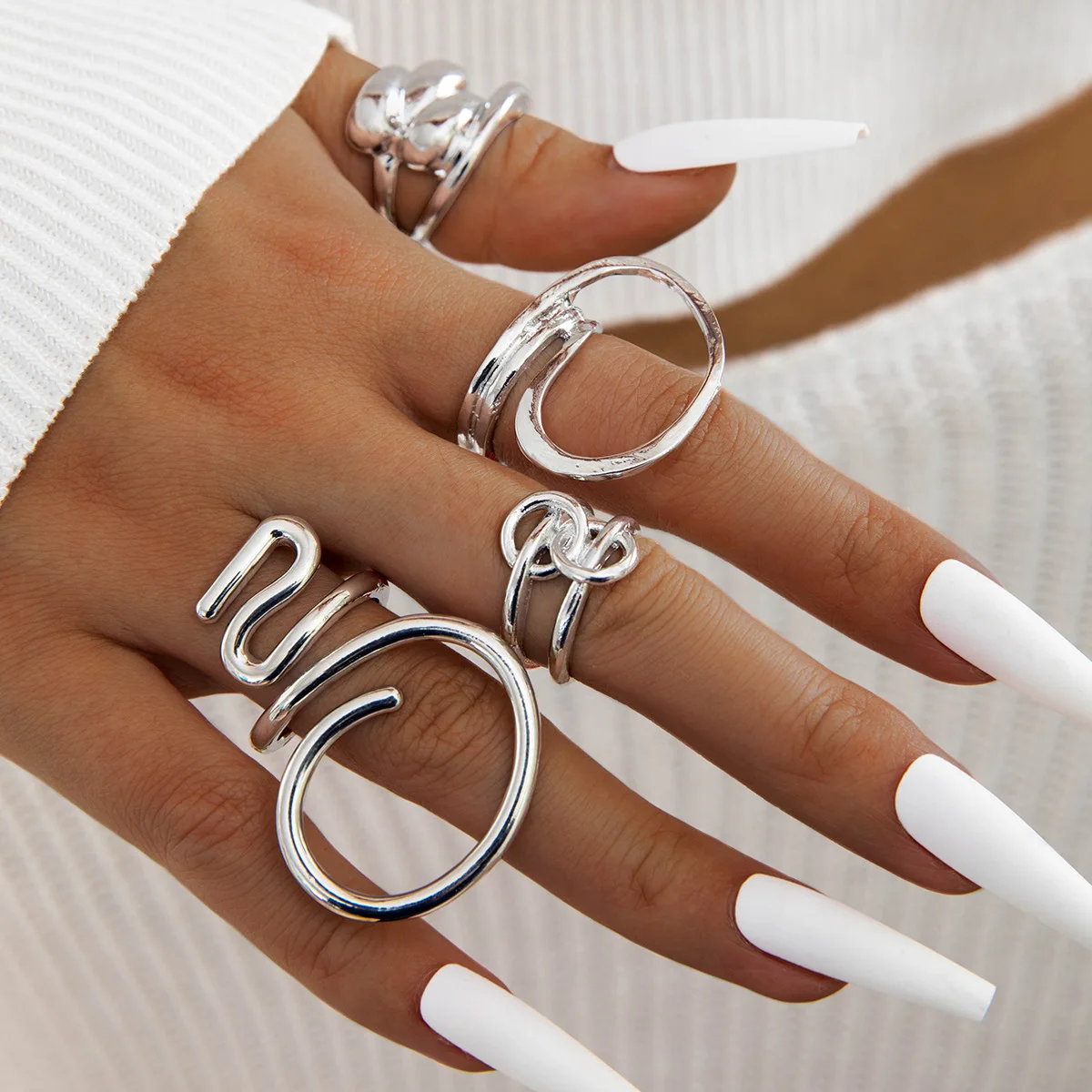 European and American Style Geometric Irregular Fashion Pearl Ring Retro Personalized Metal Ring Set