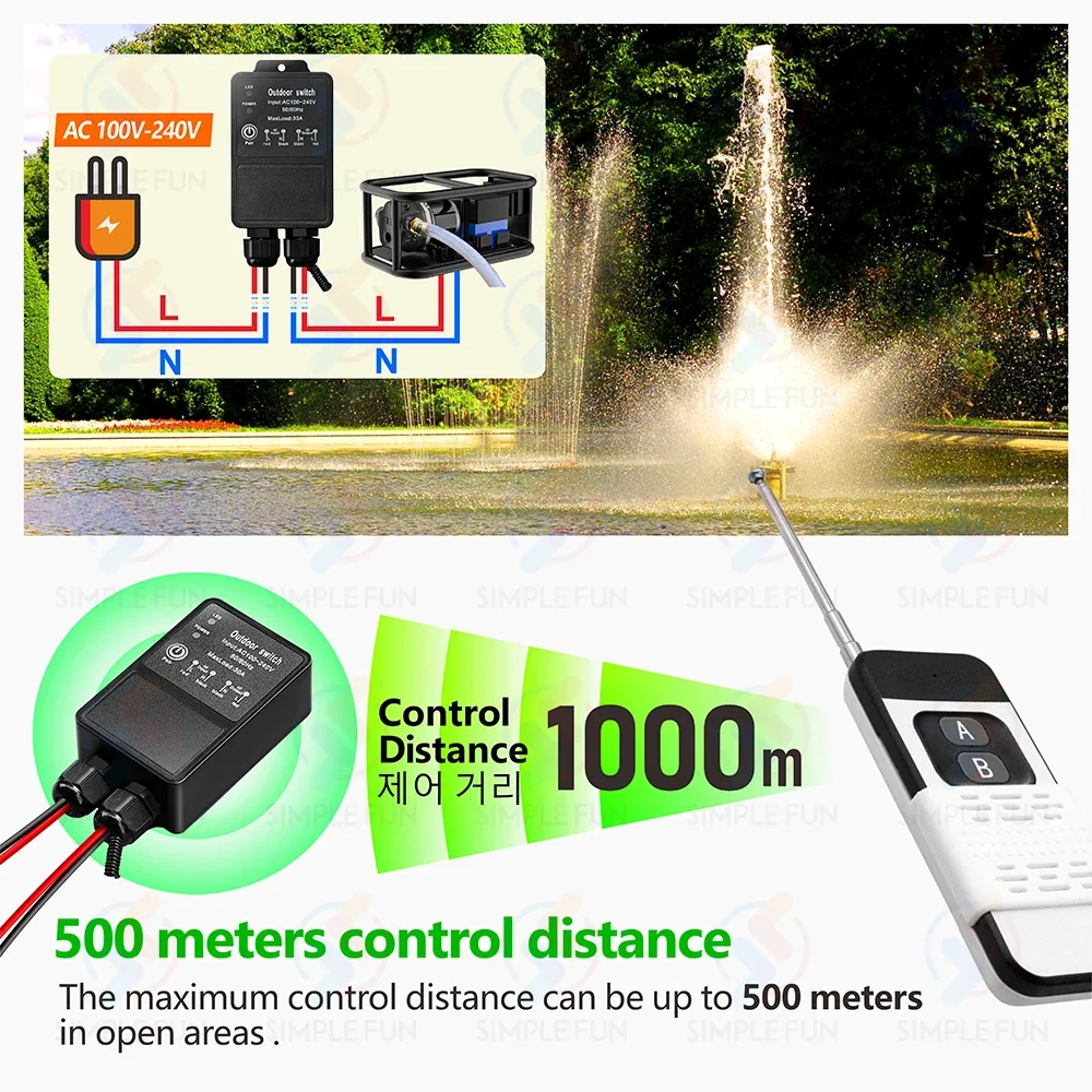 433MHz High Power Wireless Remote Control Switch 110V 220V 30A Outdoor Waterproof,1000m Control Range,for Pump Lamp Exhaust Fan