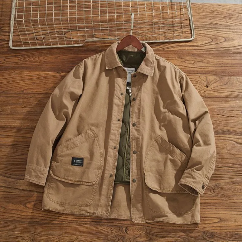 

Amekaji Heavyweight Japan Retro Youth Detachable Lined Thickened Cotton Coat Multi-Pocket Mid-Length Work Jacket Men's Outerwear
