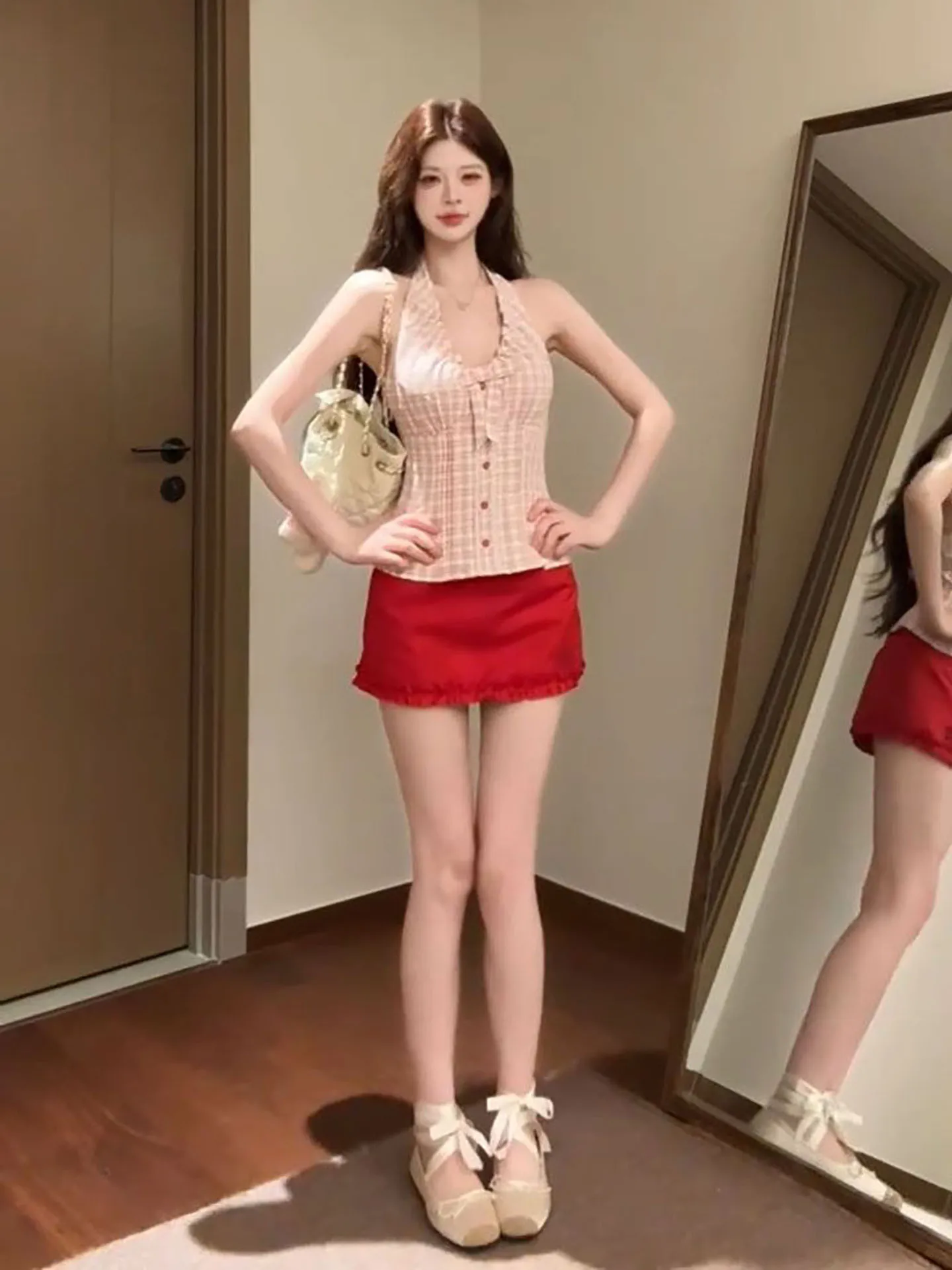 

Red High Waist Skirt And Plaid Crop Top Two-Piece Set Women's Fashion Summer Outfit V-Neck Sleeveless Regular Fit Maternity