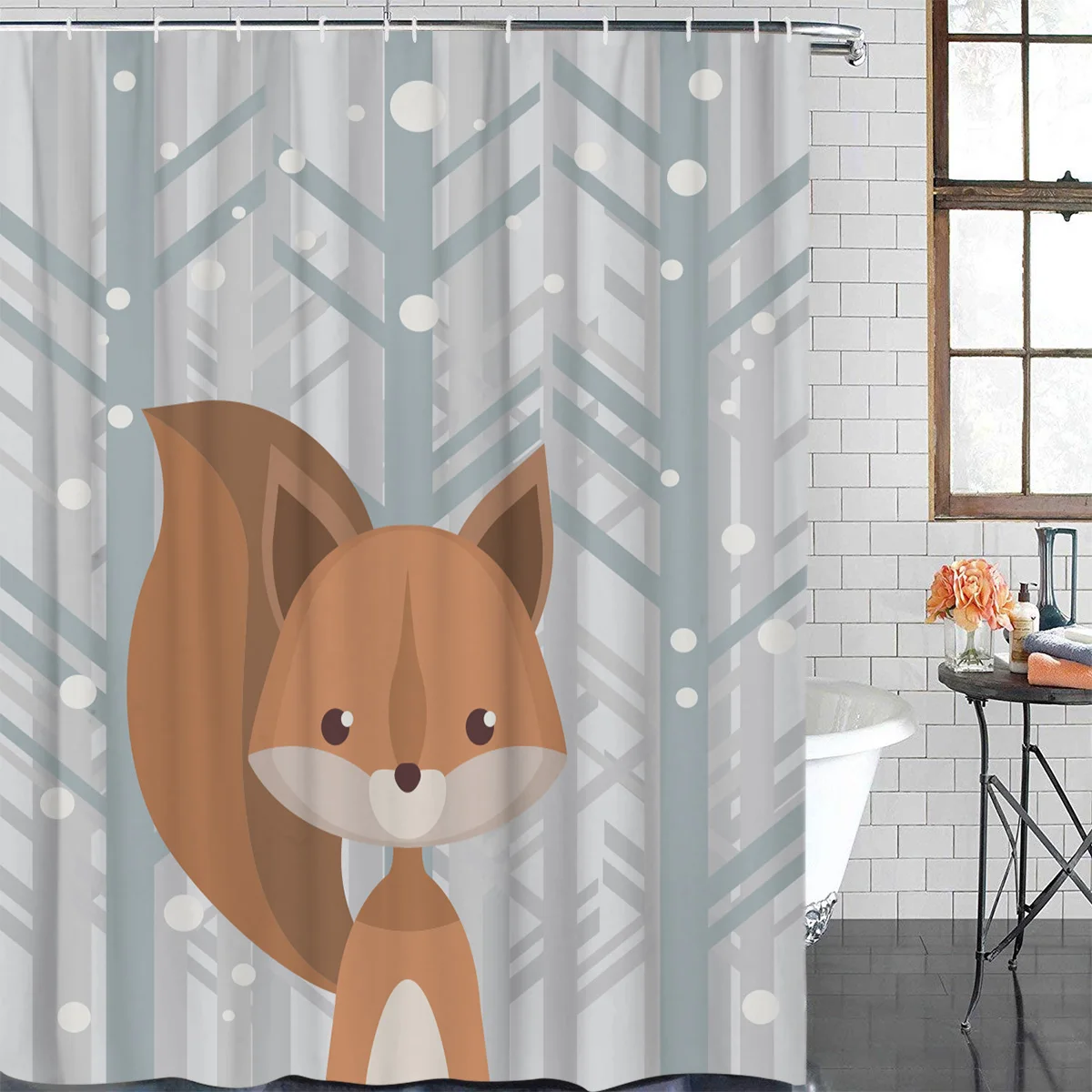 Winter Snow Forest Cartoon Squirrel Waterproof Bathroom Decoration Shower Curtain Printed Bathtub Curtains Bathroom Accessories