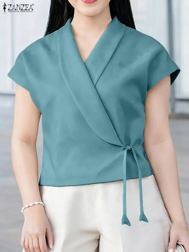 

ZANZEA женская блузка сексуальная с v-образным вырезом однотонная элегантная офисная женская рубашка 2025 модная однотонная повязка без рукавов Blusas Femme
