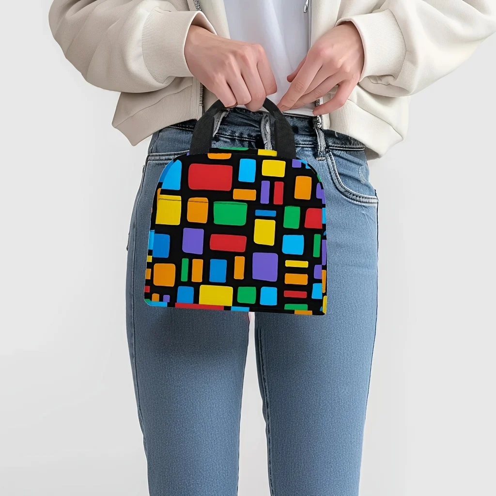 Colorful Geometric Blocks Print Lunch Bag Bright Rainbow Rectangle Pattern Insulated Tote Reusable Cooler Bag for Kids Students