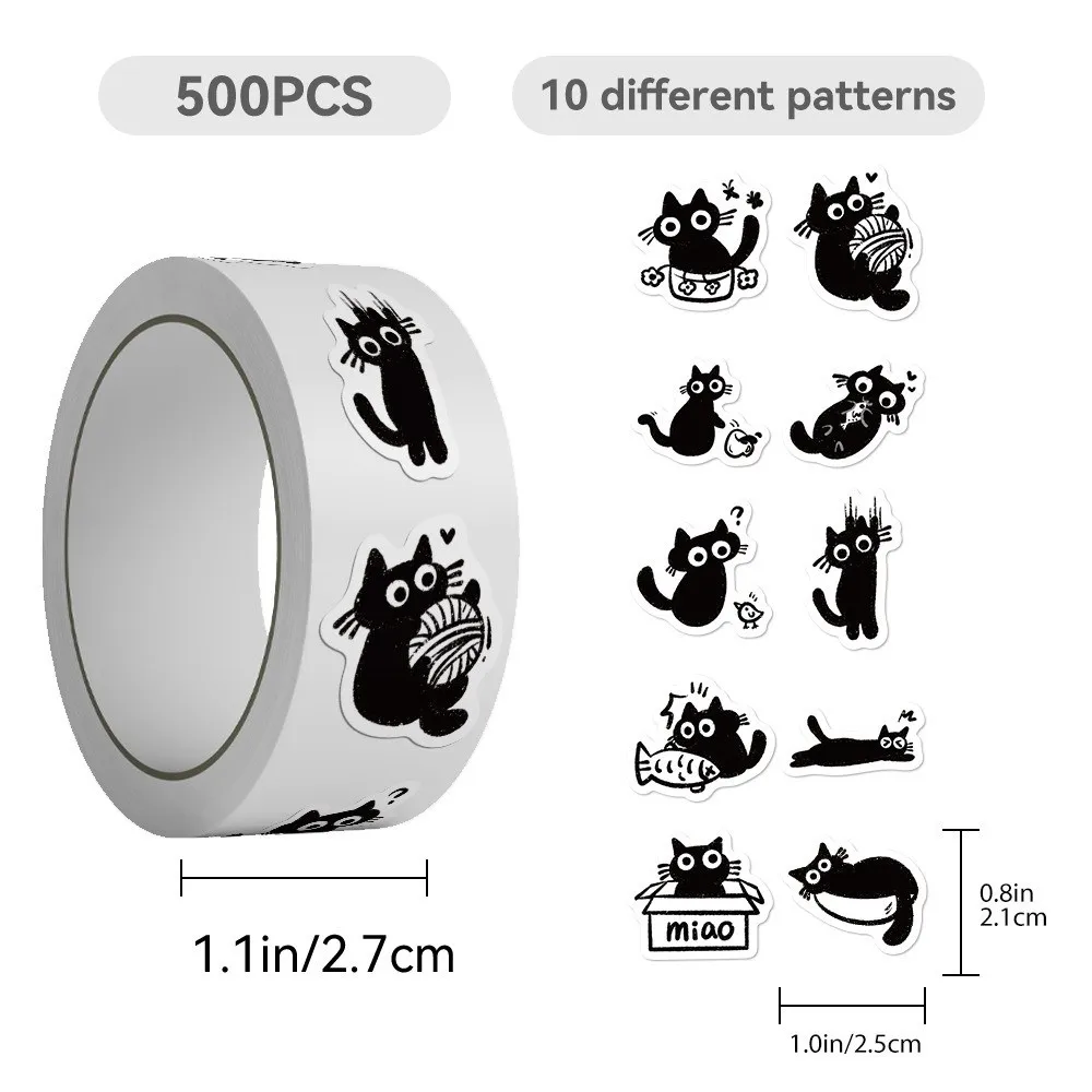 500 uds/rollo de pegatinas de gato negro DIY, pegatinas de grafiti con diseño de dibujos animados de estilo lindo, pegatinas en rollo de patrón creativo impermeables