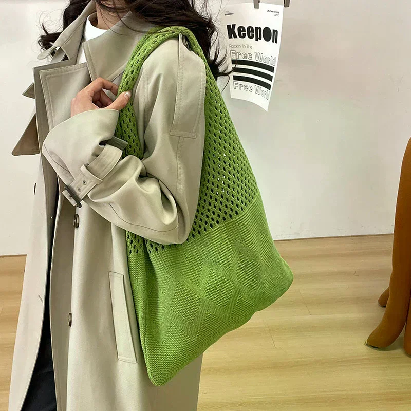 Retro Fashion Portable Knitted Yarn Storage Bag Large Capacity Leisure Shoulder Bag Shopping Bag Practical Tote Bag Handbag