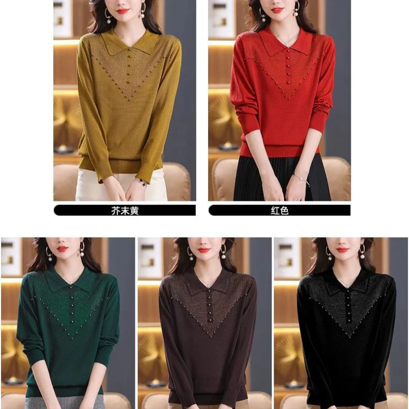 Women's Autumn New Lapel Knit Pullovers Solid Diamonds Base Layers Commuter Fashion Casual T-shirt Versatile Long Sleeves Tops