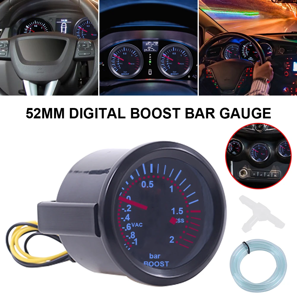 DC 12V Car Pressure Turbo Boost Gauge Meter 52mm Blue Light LED Display Measures Gauge Turbo Boost Meter Universal