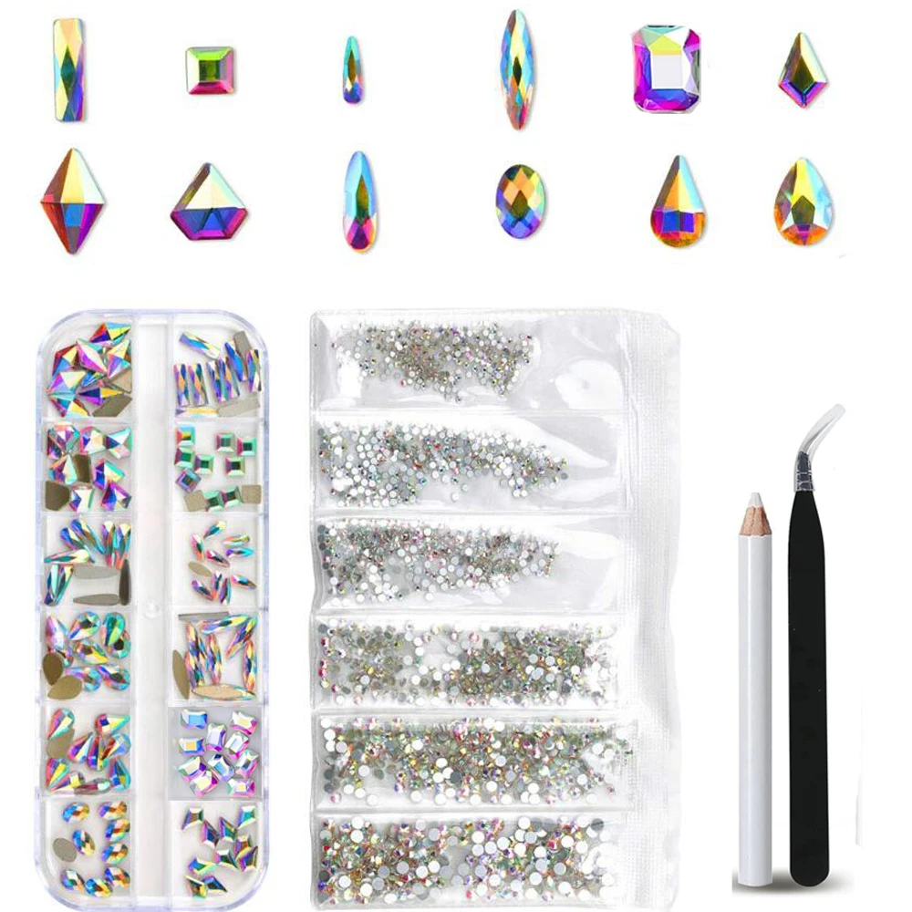 120個の多様な形のネイルジェムストーン + 1440個のSS4/SS5/SS6/SS8/SS10/SS12 ABネイルラインストーン + 1個のピックアップピンセット + 1個のワックスペンシル