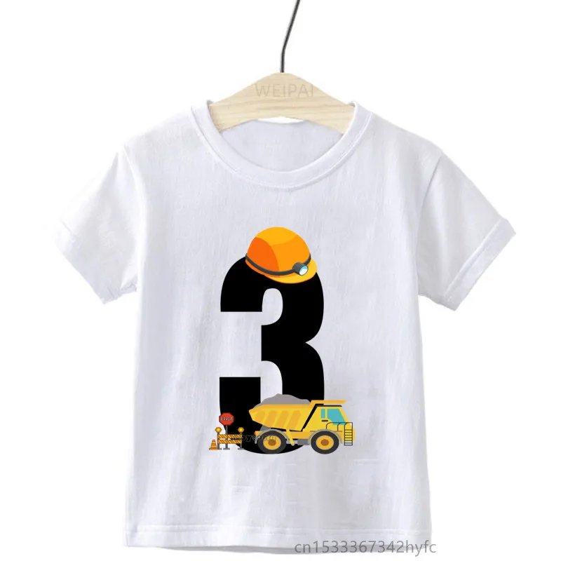 

Baby Kids Construction Excavator Truck Birthday Number Name Print T Shirt Children Birthday T-shirts Boy&Girl Funny Gift Tshirt