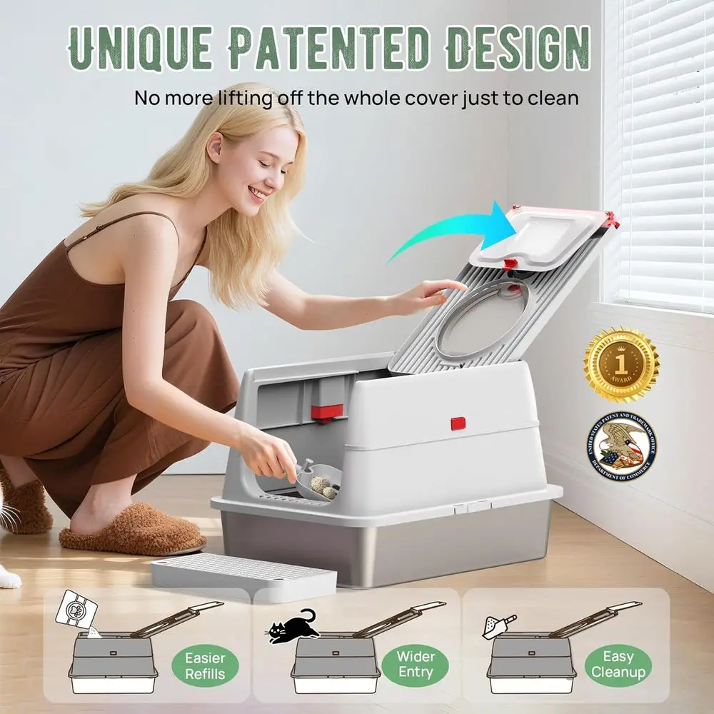 صندوق نفايات كبير جدًا من الفولاذ المقاوم للصدأ مع غطاء قلاب، تنظيف ذاتي، دخول علوي عالي الجوانب للقطط الكبيرة، فلتر كربون مدمج