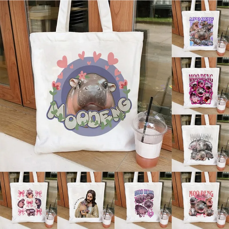 Cute Moo Deng Print Canvas Tote Bag Cosmetic Bag Large Capacity Shopping Bags Makeup Bag Shoulder Handbag Eco Girl Handbags