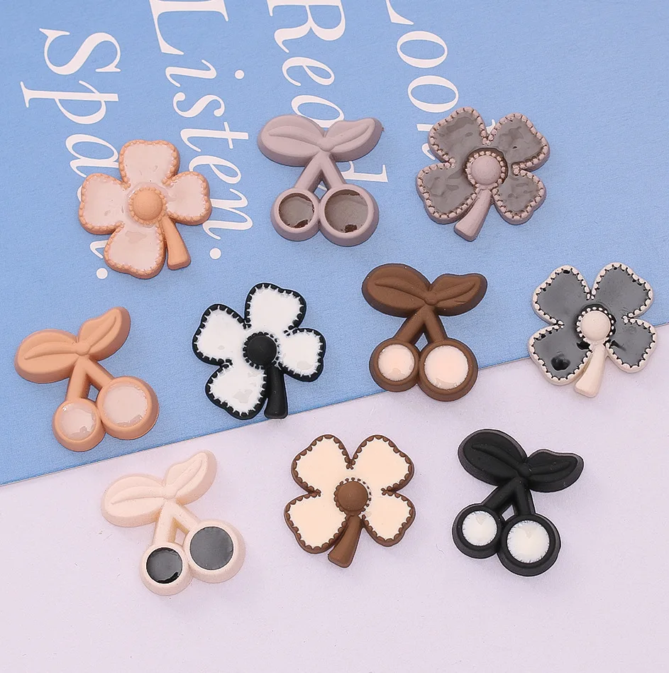 20pcs Resin Flower Cabochons Flatback Vintage Clover Cherry Four Leaves Slime Charms for Girls Headwear Decoration Accessories