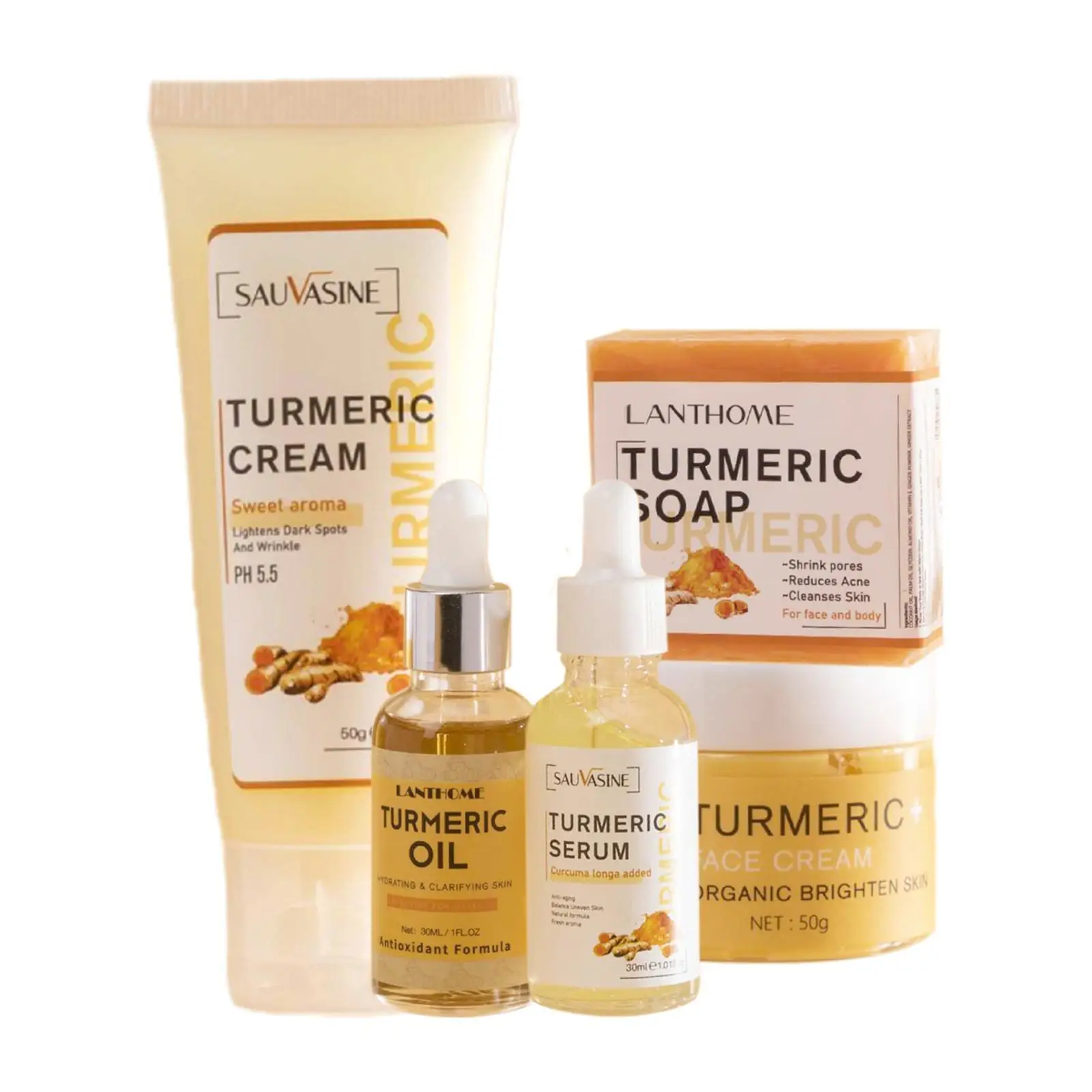 5Pcs Turmeric Face Care Set Turmeric Cleansing Cream, Face Cream, Serum, Oil, Soap Set Acne Pigmentation Corrector Whitening