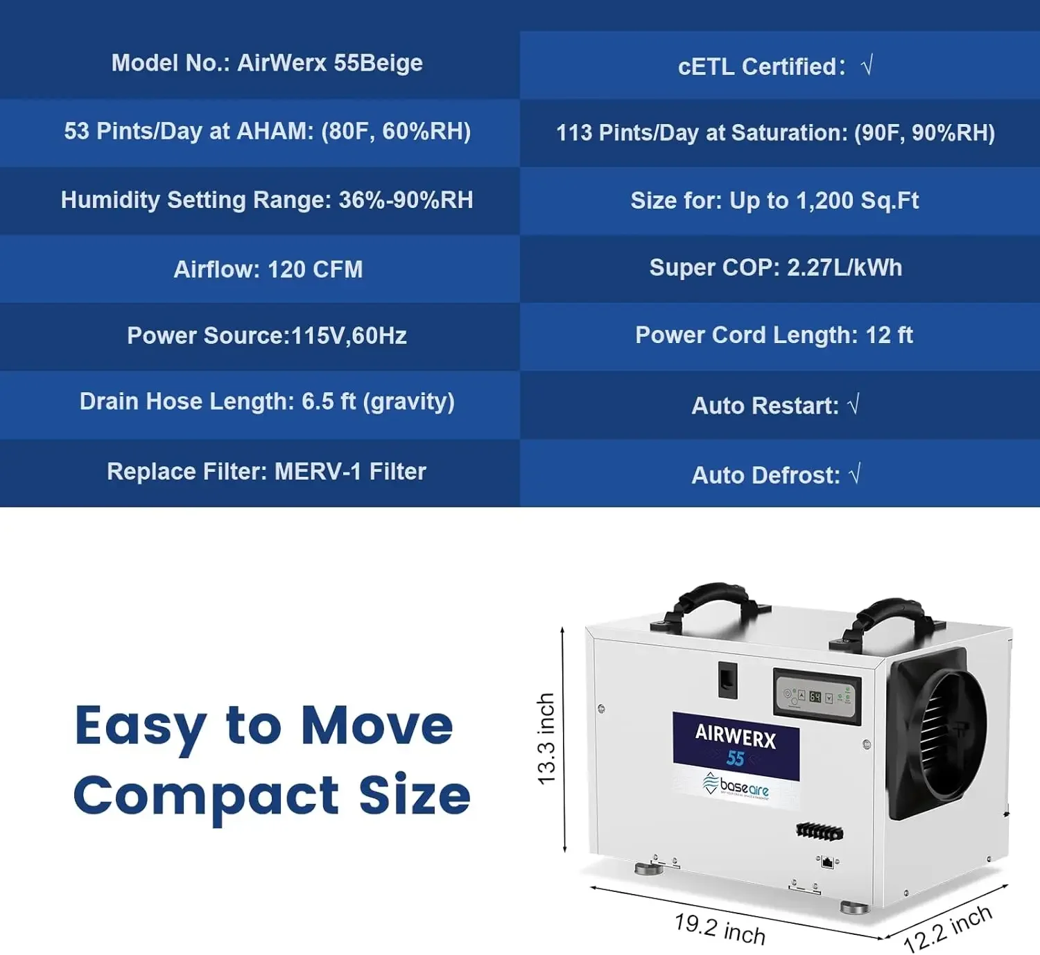 Basement Crawl Space Dehumidifier 113 Pint with Continuous Drain Hose Compact Commercial Industrial Home Dehumidifiers