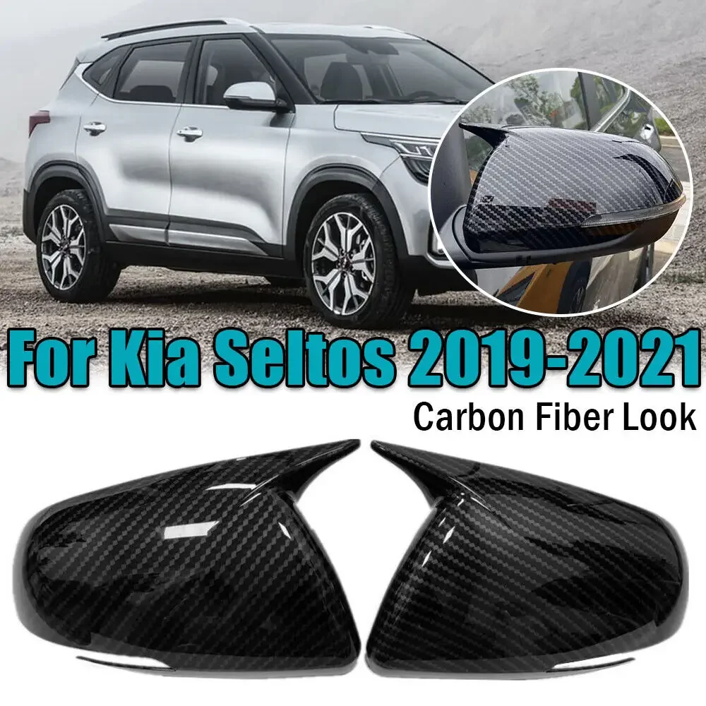 

For Kia Seltos 2019-2023 Car Sticker Rearview Side Mirror Cover Wing Cap Exterior Door Rear View Case Trim Carbon Fiber Look