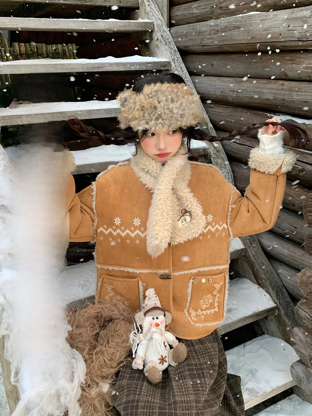 

BibiBency Retro Fair Isle Suede Fur Inteated Thiened Cotton Jaet Women's ort Outerwear Sweet Sle Loose Fit Long Sve