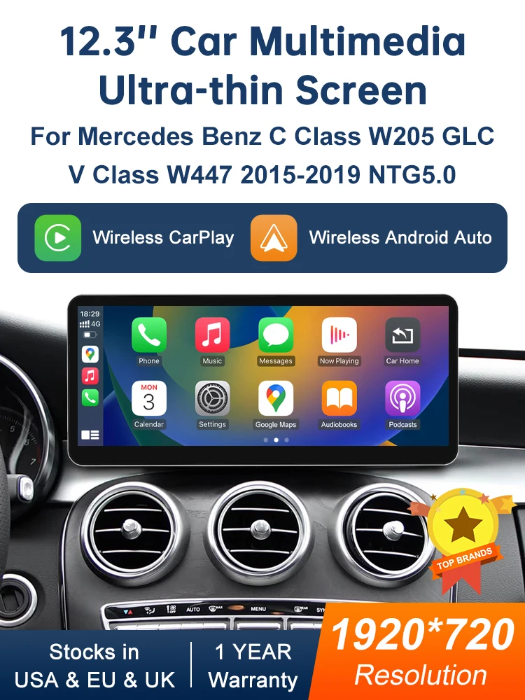 Multimedia-Display für Benz C-Klasse W205 GLC V-Klasse W447 2015-2019 NTG5.0 Touchscreen Wireless Carplay Navigation Android Auto