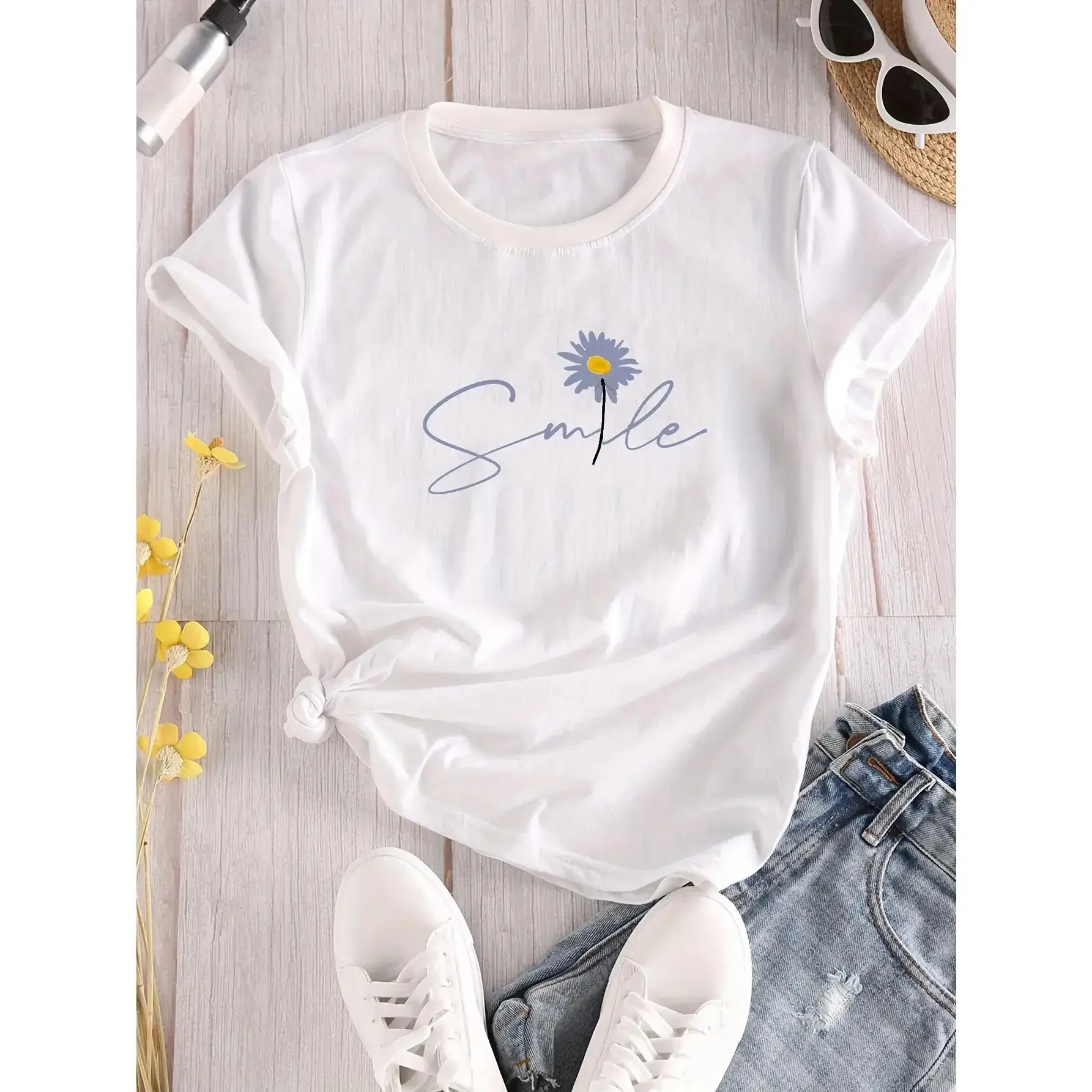 

Flower & Letter Print Crew Neck T-Shirt Casual Short Sleeve T-Shirt for Summer Women's Clothing Comfortable Soft Creative Tops