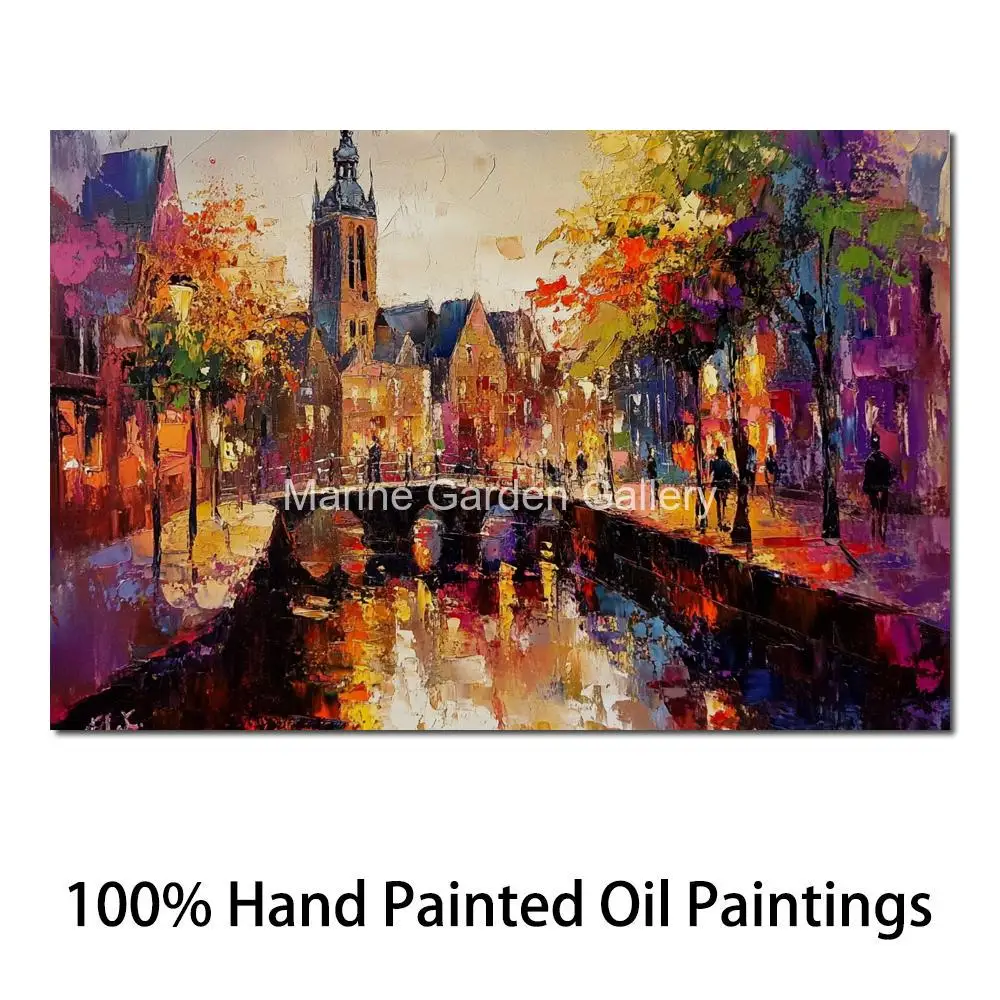 Colorful Landscape Wall Art Canvas Oil Painting Handmade Canal in Utrecht Beautiful Artwork Living Room Modern Decor Textured