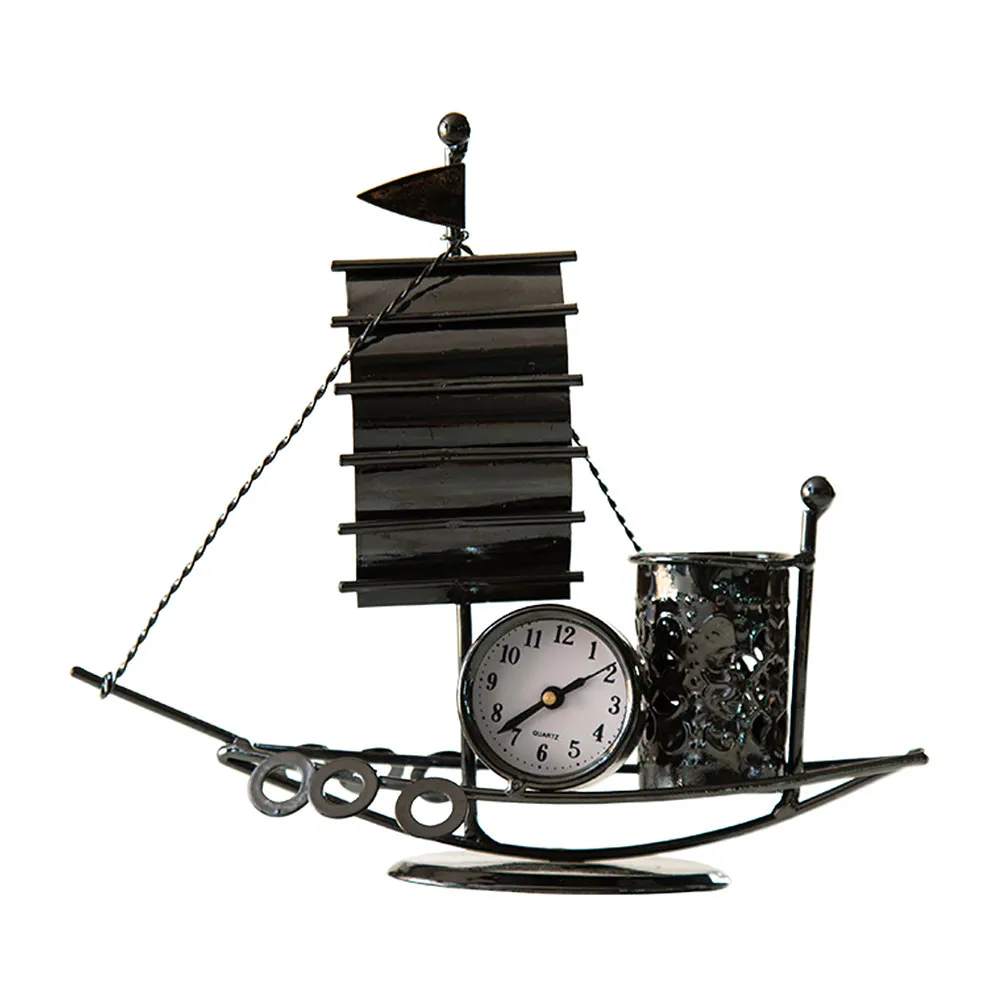 Iron Art Sailboat Desktop Organizer Pen Holder Table Clock Stationery Storage Stand Office Desk Decoration Home Decor Retro