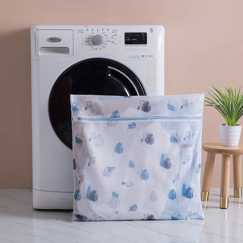 Laundry Bag Print Blue Leafves Dirty Clothes Cleaning Protect Washing Bag Household Clothes Organizer Mesh Zipper Laundry Bags