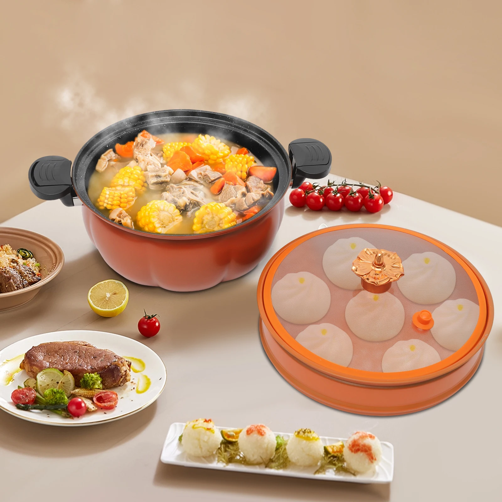 قدر ضغط صغير من الحديد باللون الأخضر/البرتقالي، وعاء طبخ ضغط على شكل يقطين سعة 8 لتر مقاس 38*24 سم للمطابخ المنزلية والمهاجع