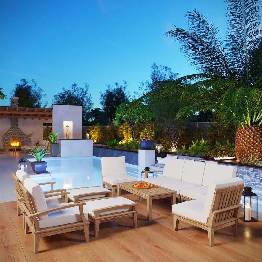 Premium Grade A Teak Outdoor Patio Furniture Set, 10-Piece, Natural White