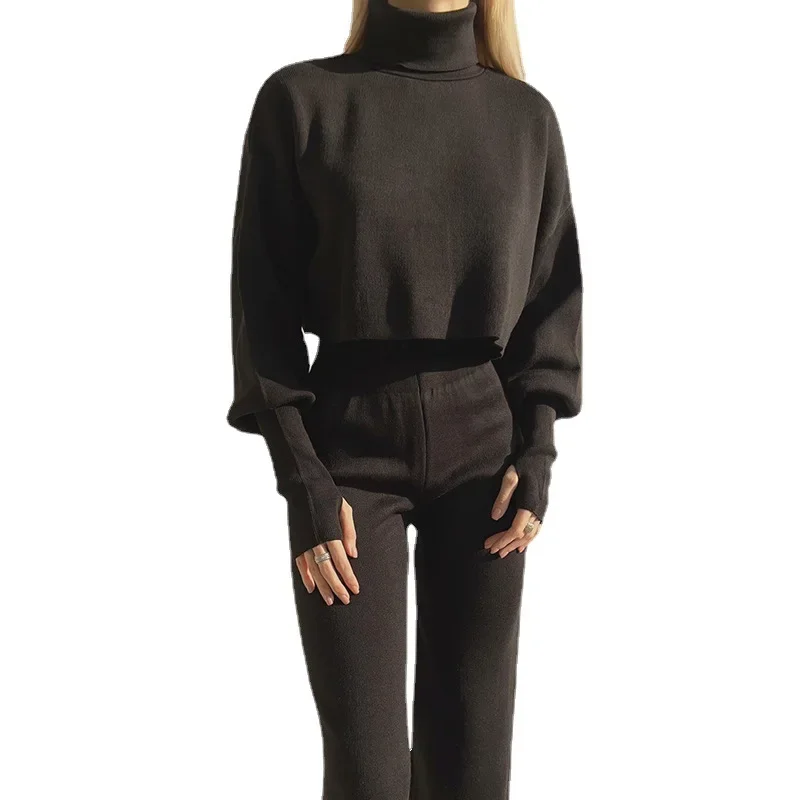 Elegant Turtleneck Top Pullover & High Waist Pants Suit Fashion Warm two peice sets Autumn Winter Solid Knitted Sweater Outfits