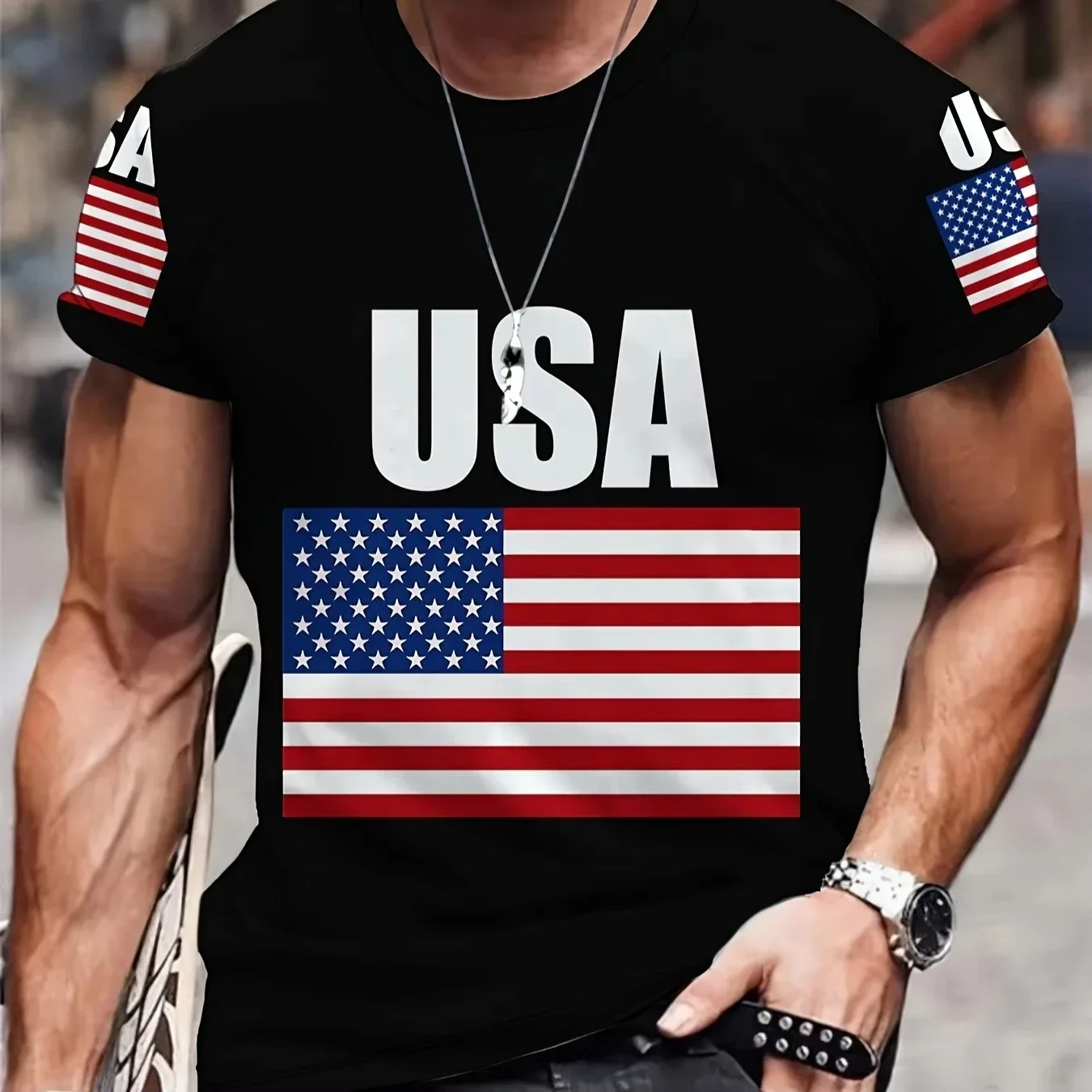 Men Short Sleeve Crew Neck Tee USA Letter And US Flag Graphic Printed On Chest And Sleeves Patriotic Casual Daily Street T Shirt