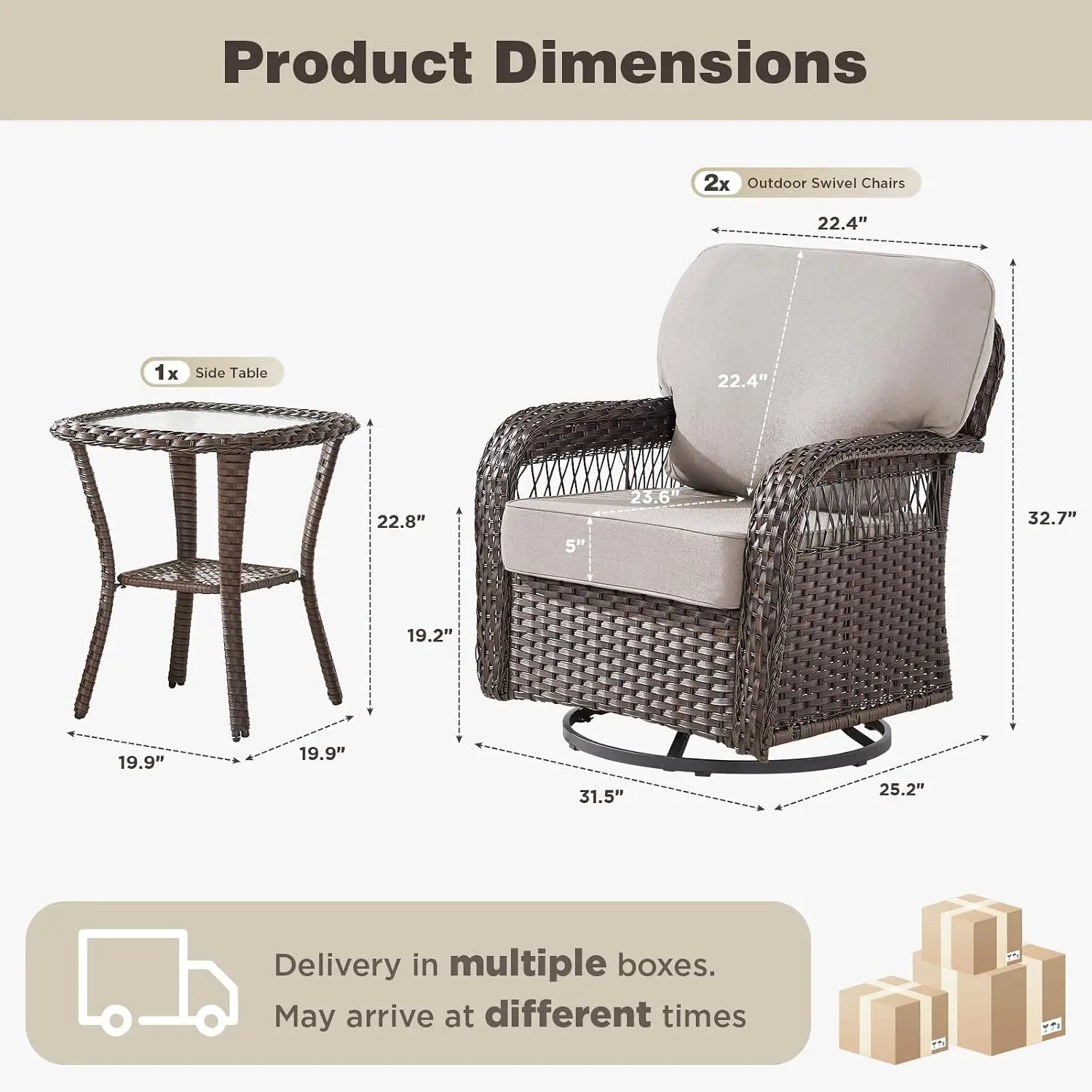 3 Piece Patio Set,Swivel Patio Chairs Set with Side Table, All-Weather Wicker Backyard Balcony Porch Seating, Customized